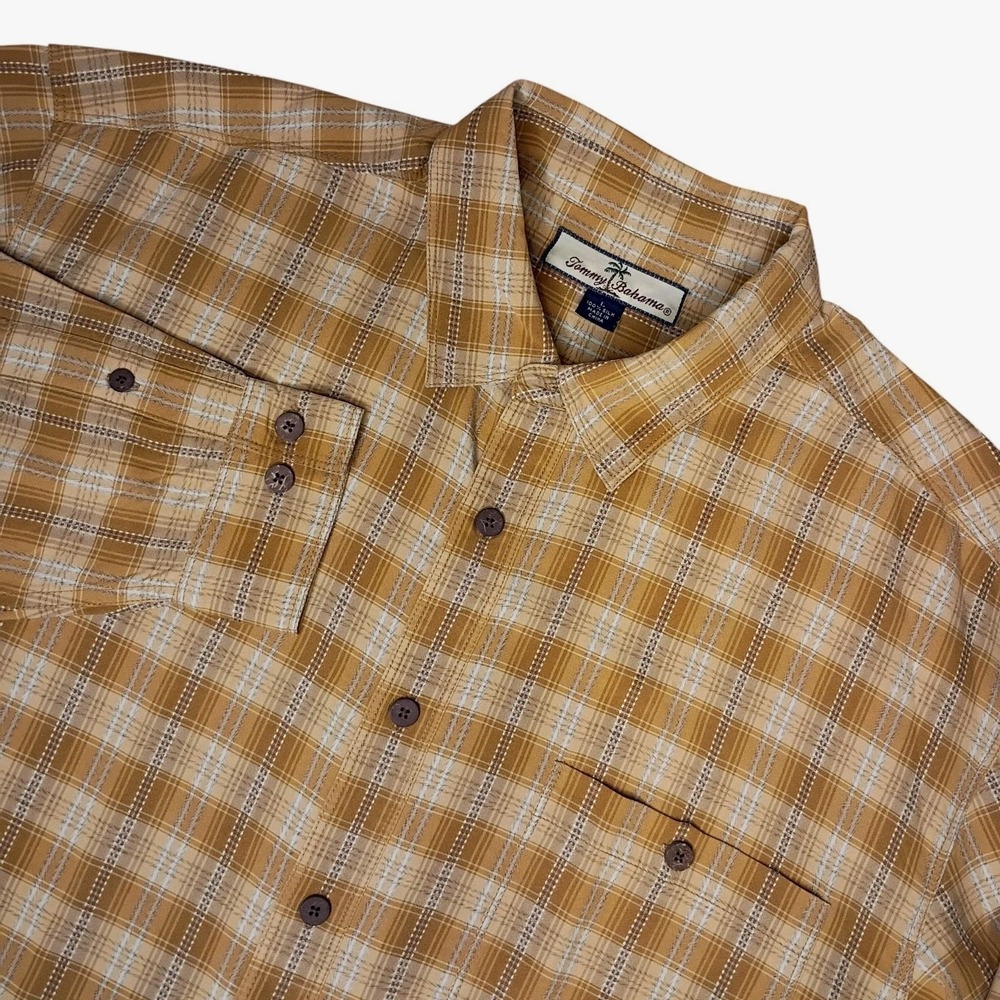 Tommy Bahama Button Up Shirt Men Large Relaxed Gold Silk Plaid‎ Coastal Resort L